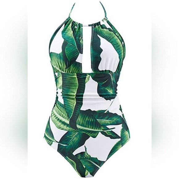 B2PRITY Tropical Palm Frond Leaf V-Neck Ruched‎ Halter 1pc Monokini medium  NWT - Picture 6 of 16